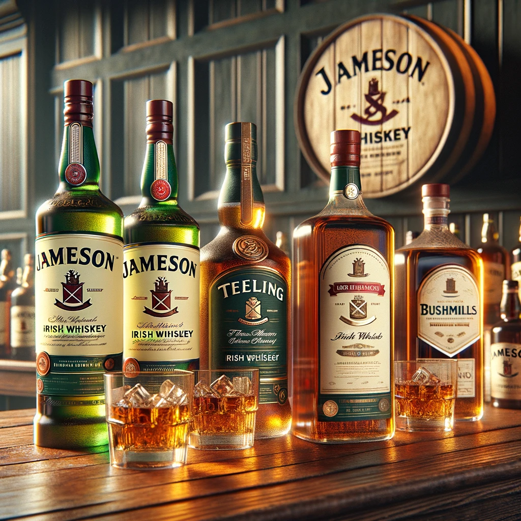 Eine Auswahl von irischen Whiskeyflaschen darunter Jameson Teeling und Bushmills vor dem Hintergrund einer Eichenholzbar